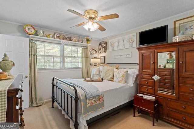 118 Duvall Dr, Stockbridge, GA 30281 - bedroom with light carpet, crown molding, and ceiling fan
