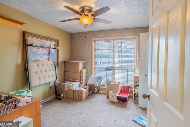 402 Stonebrooke Dr, Auburn, GA 30011 - living area with ceiling fan, carpet, and a textured ceiling