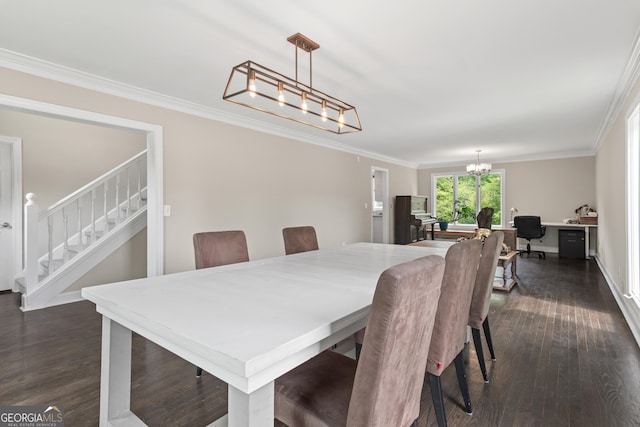 1645 Oakfield Ln, Roswell, GA 30075 - dining space with a chandelier, dark wood-type flooring, ornamental molding, an office area, and stairs