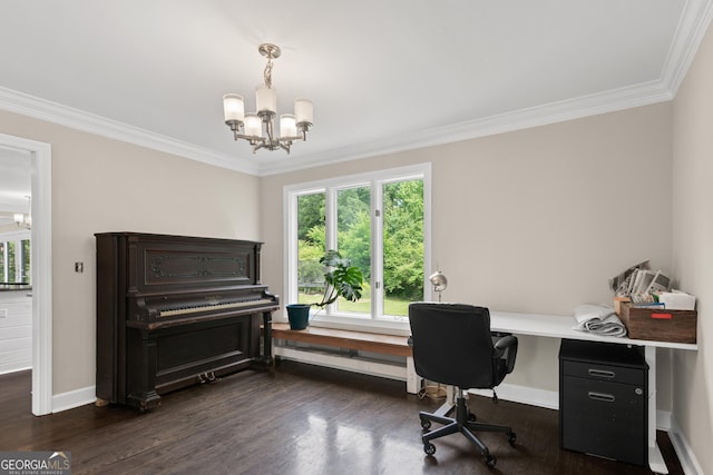 1645 Oakfield Ln, Roswell, GA 30075 - office space featuring a chandelier, ornamental molding, baseboards, healthy amount of natural light, and dark wood finished floors