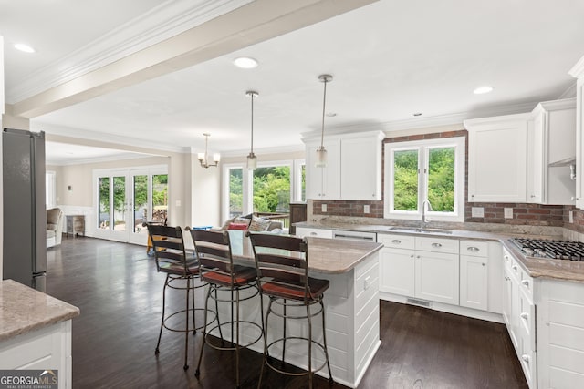 1645 Oakfield Ln, Roswell, GA 30075 - kitchen with a sink, stainless steel appliances, plenty of natural light, dark wood-style flooring, and ornamental molding