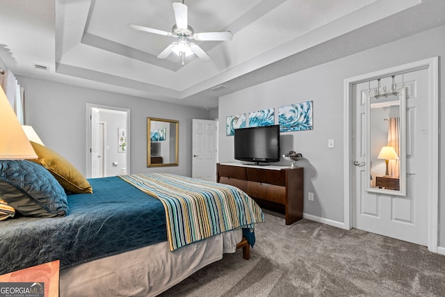 2009 Parador Aly, Mcdonough, GA 30253 - bedroom featuring a tray ceiling, carpet flooring, baseboards, and a ceiling fan