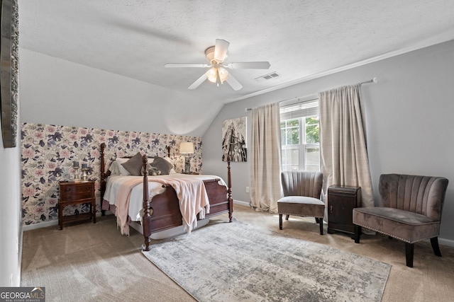 2009 Parador Aly, Mcdonough, GA 30253 - carpeted bedroom with baseboards, vaulted ceiling, a textured ceiling, and a ceiling fan