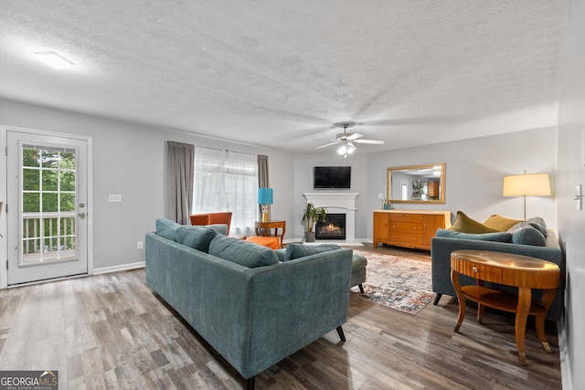 2009 Parador Aly, Mcdonough, GA 30253 - living room featuring a ceiling fan, wood finished floors, a warm lit fireplace, a textured ceiling, and baseboards