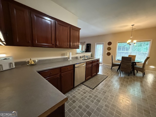 3205 Anneewakee Falls Parkway, Douglasville, GA 30135 - kitchen featuring stainless steel dishwasher, a chandelier, hanging light fixtures, and dark brown cabinetry