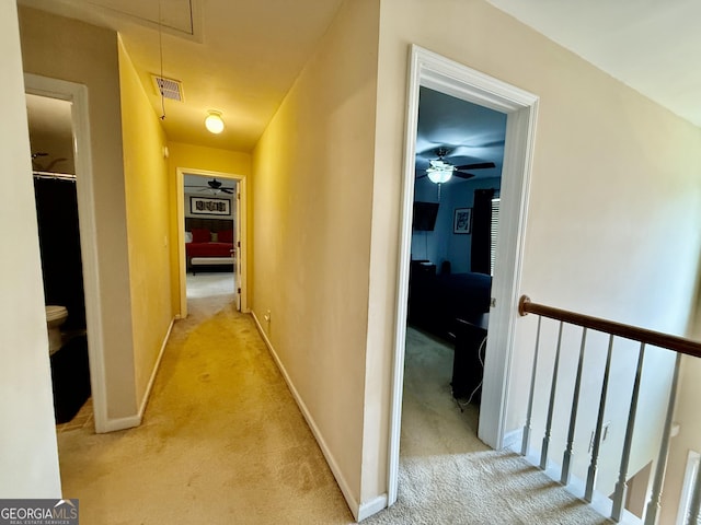 3205 Anneewakee Falls Parkway, Douglasville, GA 30135 - hall with attic access, light carpet, and an upstairs landing