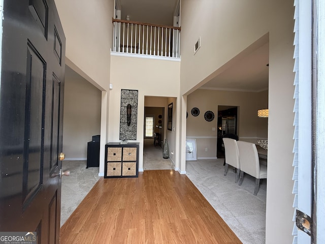 3205 Anneewakee Falls Parkway, Douglasville, GA 30135 - entryway with carpet floors, crown molding, wood finished floors, and a high ceiling
