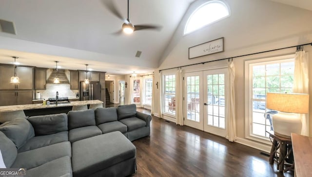 180 Mountain Path, Rockmart, GA 30153 - living area with french doors, ceiling fan, dark wood-type flooring, and high vaulted ceiling