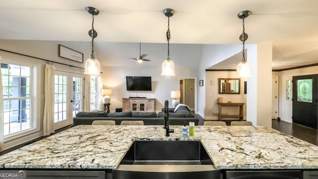 180 Mountain Path, Rockmart, GA 30153 - kitchen featuring a sink, light stone countertops, ceiling fan, and open floor plan