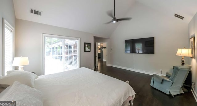 180 Mountain Path, Rockmart, GA 30153 - bedroom featuring dark wood finished floors, high vaulted ceiling, baseboards, and ceiling fan