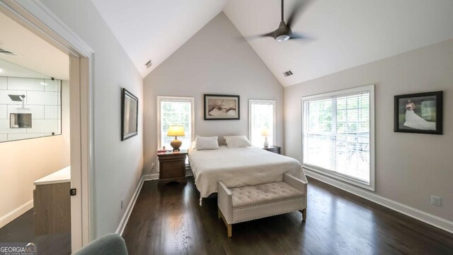 180 Mountain Path, Rockmart, GA 30153 - bedroom featuring multiple windows, baseboards, dark wood-style flooring, high vaulted ceiling, and ceiling fan