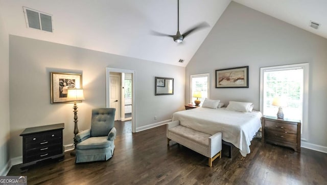 180 Mountain Path, Rockmart, GA 30153 - bedroom with high vaulted ceiling, dark wood-style floors, baseboards, and a ceiling fan