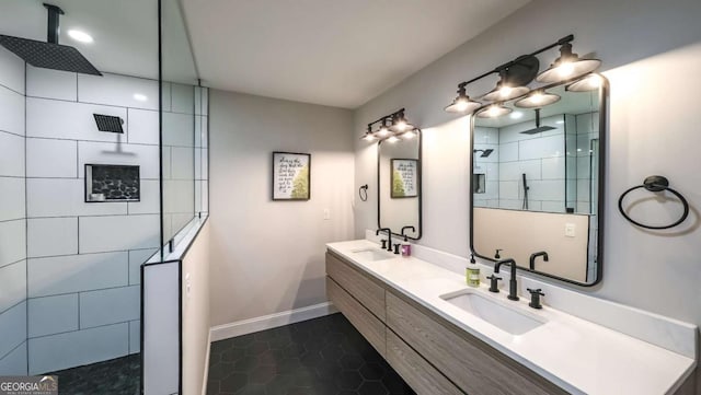180 Mountain Path, Rockmart, GA 30153 - bathroom with a walk in shower, tile patterned floors, double vanity, and baseboards