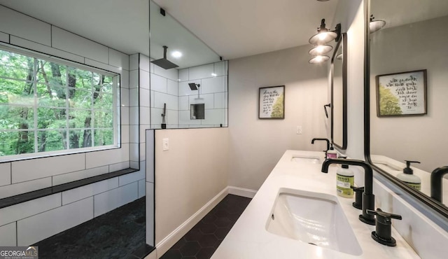 180 Mountain Path, Rockmart, GA 30153 - bathroom with walk in shower, double vanity, and baseboards