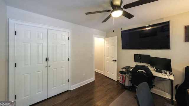 180 Mountain Path, Rockmart, GA 30153 - office featuring a ceiling fan, dark wood-type flooring, and baseboards