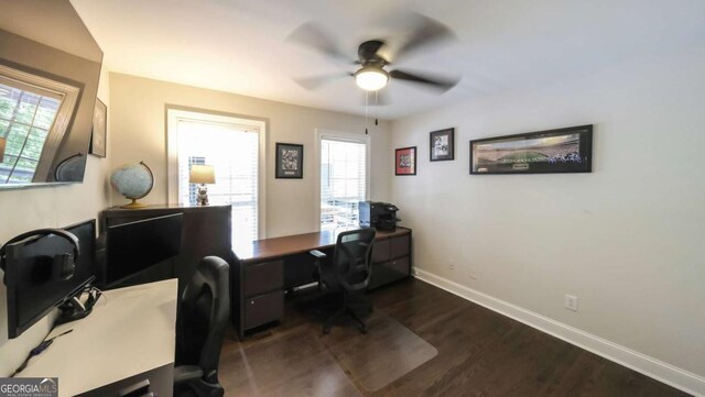 180 Mountain Path, Rockmart, GA 30153 - office space with ceiling fan, baseboards, and dark wood-style floors