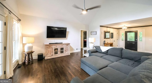 180 Mountain Path, Rockmart, GA 30153 - living area featuring ceiling fan, baseboards, dark wood-type flooring, and high vaulted ceiling