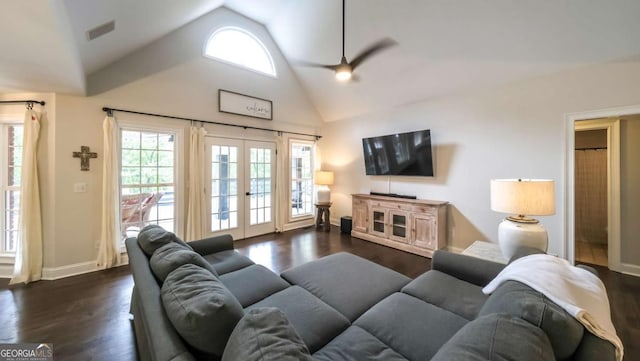 180 Mountain Path, Rockmart, GA 30153 - living area featuring healthy amount of natural light, french doors, dark wood-style floors, high vaulted ceiling, and baseboards