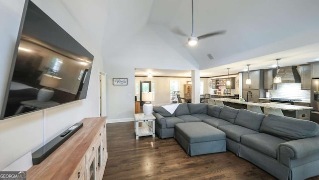 180 Mountain Path, Rockmart, GA 30153 - living room featuring dark wood finished floors, a ceiling fan, high vaulted ceiling, and baseboards