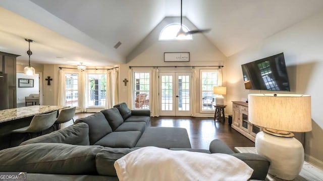 180 Mountain Path, Rockmart, GA 30153 - living area with plenty of natural light, dark wood-style floors, french doors, high vaulted ceiling, and baseboards