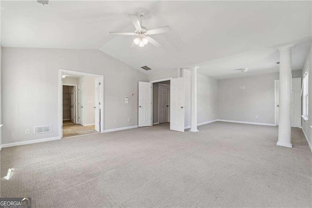 3134 Flery Way, Lawrenceville, GA 30046 - unfurnished living room featuring ceiling fan, ornate columns, carpet, lofted ceiling, and baseboards