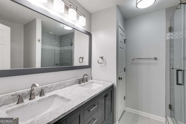 2135 N Forest Trl, Atlanta, GA 30338 - full bathroom featuring a stall shower, double vanity, and tile patterned floors
