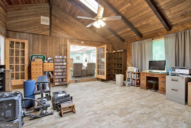 4845 Willow St, Acworth, GA 30101 - office area with wood walls, high vaulted ceiling, french doors, a wood ceiling with exposed beams, and a ceiling fan
