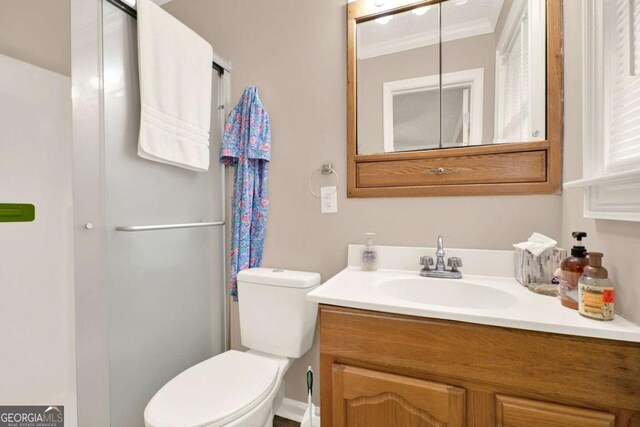 4845 Willow St, Acworth, GA 30101 - full bath with vanity, an enclosed shower, and ornamental molding