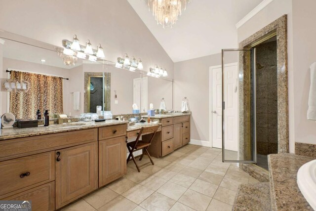 4845 Willow St, Acworth, GA 30101 - bathroom with a shower stall, a bath, vanity, tile patterned flooring, and a chandelier