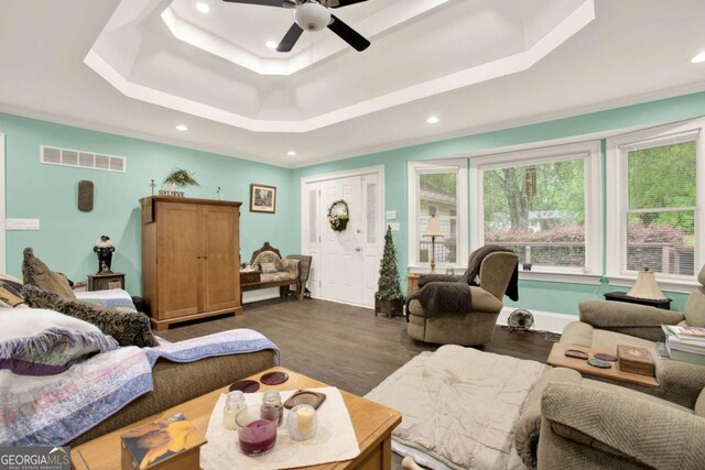 4845 Willow St, Acworth, GA 30101 - living area with a raised ceiling, a ceiling fan, recessed lighting, and dark wood-style floors