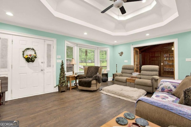 4845 Willow St, Acworth, GA 30101 - living area featuring a raised ceiling, a ceiling fan, dark wood-type flooring, and recessed lighting