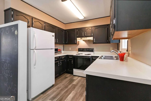 935 Old Loganville Rd, Loganville, GA 30052 - kitchen featuring freestanding refrigerator, electric range, under cabinet range hood, light wood-type flooring, and light countertops