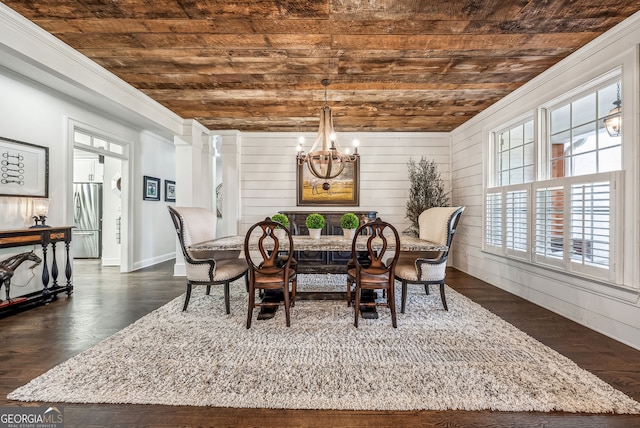 206 Savanna Estates Ct, Canton, GA 30115 - dining room with wood ceiling, a chandelier, crown molding, dark wood-type flooring, and wooden walls