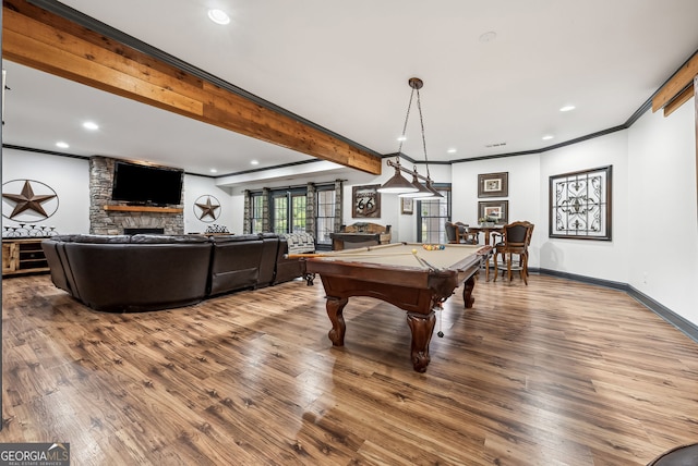 206 Savanna Estates Ct, Canton, GA 30115 - game room featuring a stone fireplace, recessed lighting, billiards table, wood finished floors, and crown molding