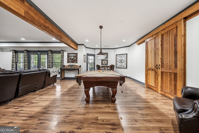 206 Savanna Estates Ct, Canton, GA 30115 - playroom with billiards table, wood finished floors, recessed lighting, crown molding, and beam ceiling