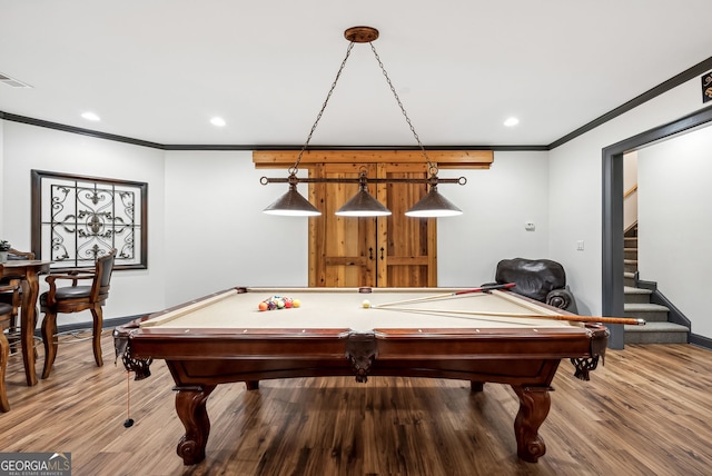 206 Savanna Estates Ct, Canton, GA 30115 - game room featuring ornamental molding, wood finished floors, billiards, and recessed lighting