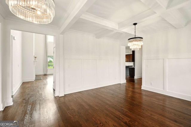 847 Rolling Hl, Kennesaw, GA 30152 - unfurnished dining area featuring a chandelier, a decorative wall, coffered ceiling, beamed ceiling, and dark wood-type flooring
