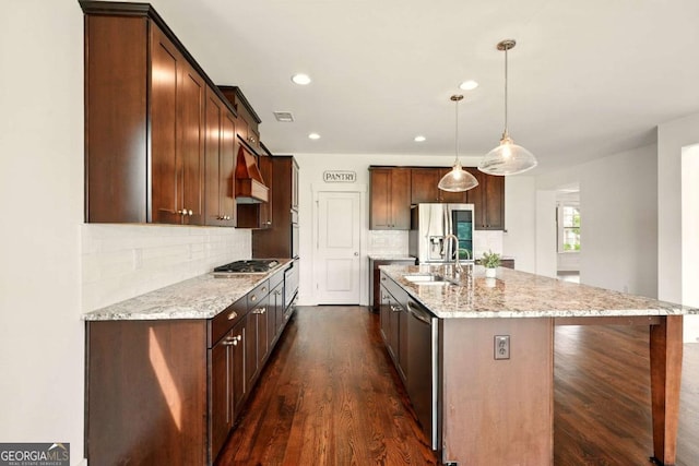 847 Rolling Hl, Kennesaw, GA 30152 - kitchen with a sink, stainless steel appliances, dark wood-type flooring, backsplash, and recessed lighting