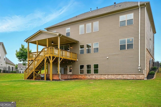 847 Rolling Hl, Kennesaw, GA 30152 - rear view of house with ceiling fan, a wooden deck, stairs, and brick siding