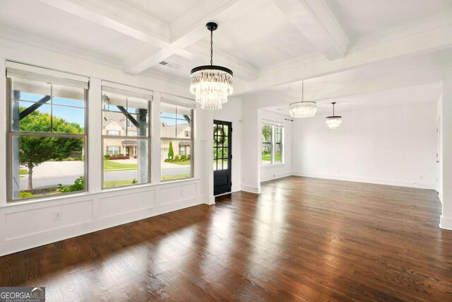 847 Rolling Hl, Kennesaw, GA 30152 - spare room with a chandelier, plenty of natural light, wood finished floors, beamed ceiling, and coffered ceiling