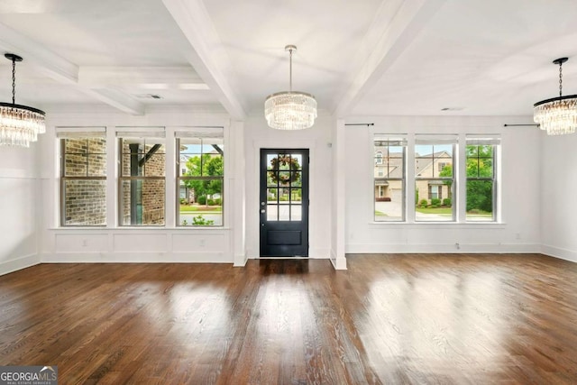 847 Rolling Hl, Kennesaw, GA 30152 - entrance foyer featuring a chandelier, wood finished floors, beam ceiling, and baseboards