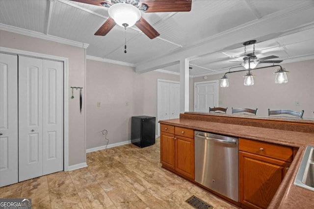 1267 Austin Bridge Rd, Douglasville, GA 30134 - kitchen with a ceiling fan, stainless steel dishwasher, brown cabinets, and ornamental molding