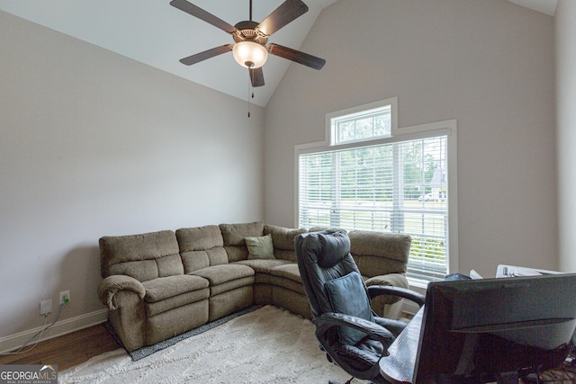 319 Beaconsfield Dr, Sharpsburg, GA 30277 - office space with high vaulted ceiling, ceiling fan, wood finished floors, and baseboards