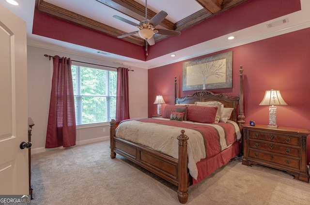 319 Beaconsfield Dr, Sharpsburg, GA 30277 - carpeted bedroom featuring ornamental molding, recessed lighting, a raised ceiling, baseboards, and ceiling fan