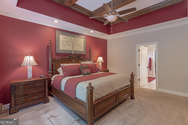 319 Beaconsfield Dr, Sharpsburg, GA 30277 - bedroom with light colored carpet, coffered ceiling, recessed lighting, ornamental molding, and baseboards
