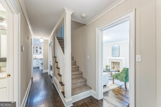 2596 Midway Rd, Decatur, GA 30030 - stairway with crown molding, wood finished floors, and baseboards
