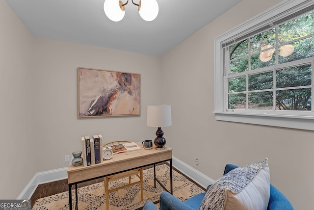 2596 Midway Rd, Decatur, GA 30030 - office featuring baseboards, wood finished floors, and a chandelier