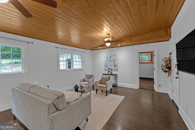 2596 Midway Rd, Decatur, GA 30030 - living room with a ceiling fan, wooden ceiling, healthy amount of natural light, and dark wood-type flooring