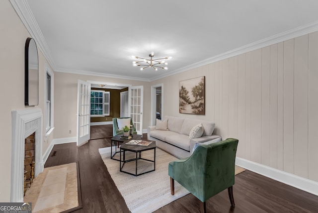 2596 Midway Rd, Decatur, GA 30030 - living room with crown molding, wood finished floors, baseboards, french doors, and a chandelier