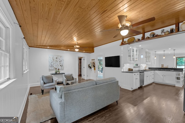 2596 Midway Rd, Decatur, GA 30030 - living room featuring a ceiling fan, wooden ceiling, dark wood-style floors, and baseboards